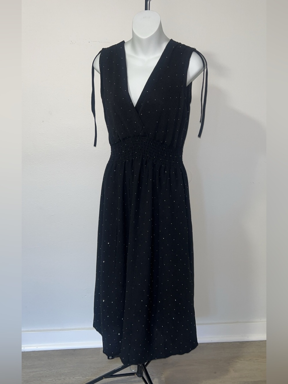 Smocked Waist Black Midi Dress with Sparkle Dot Detail